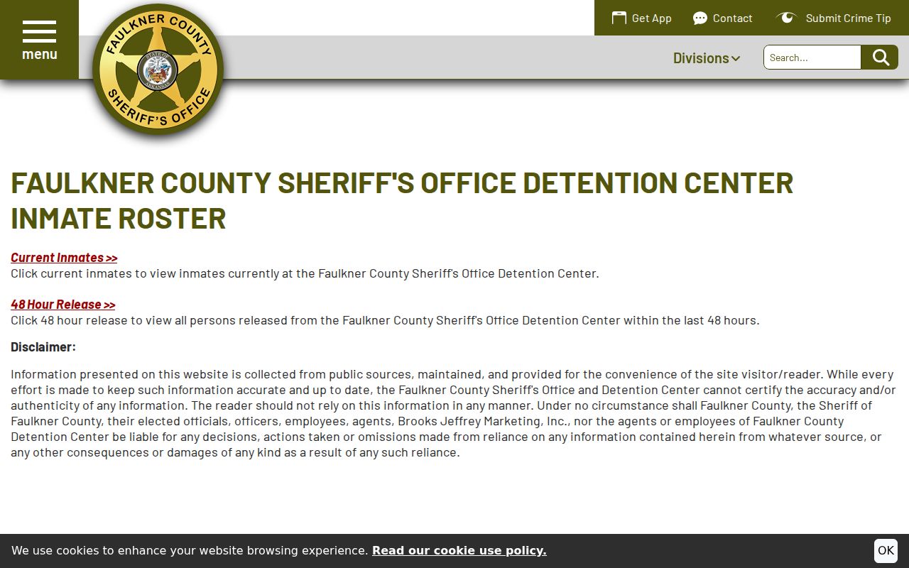 Faulkner County Sheriff inmate roster disclaimer and release list entry