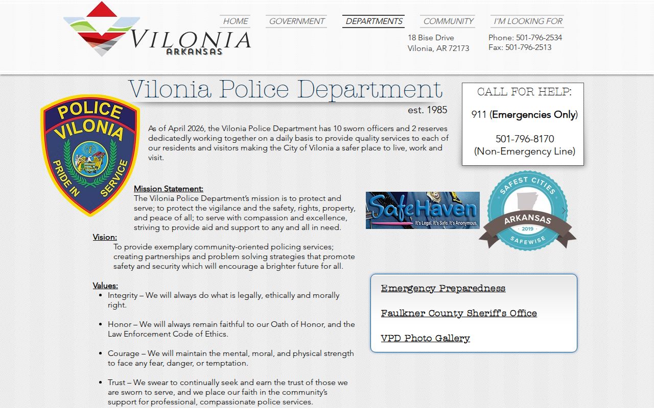 Vilonia Police Department page used as a Faulkner County city records source