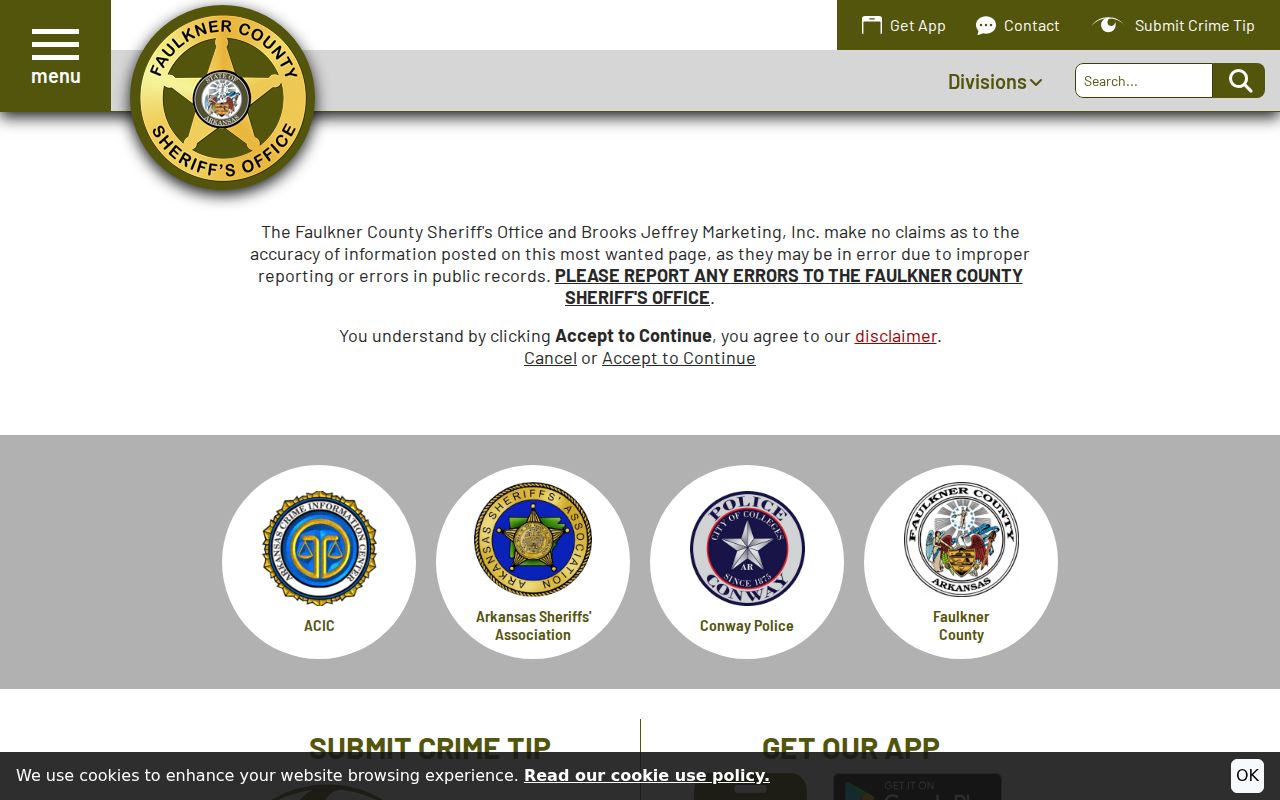 Faulkner County Sheriff most wanted disclaimer page