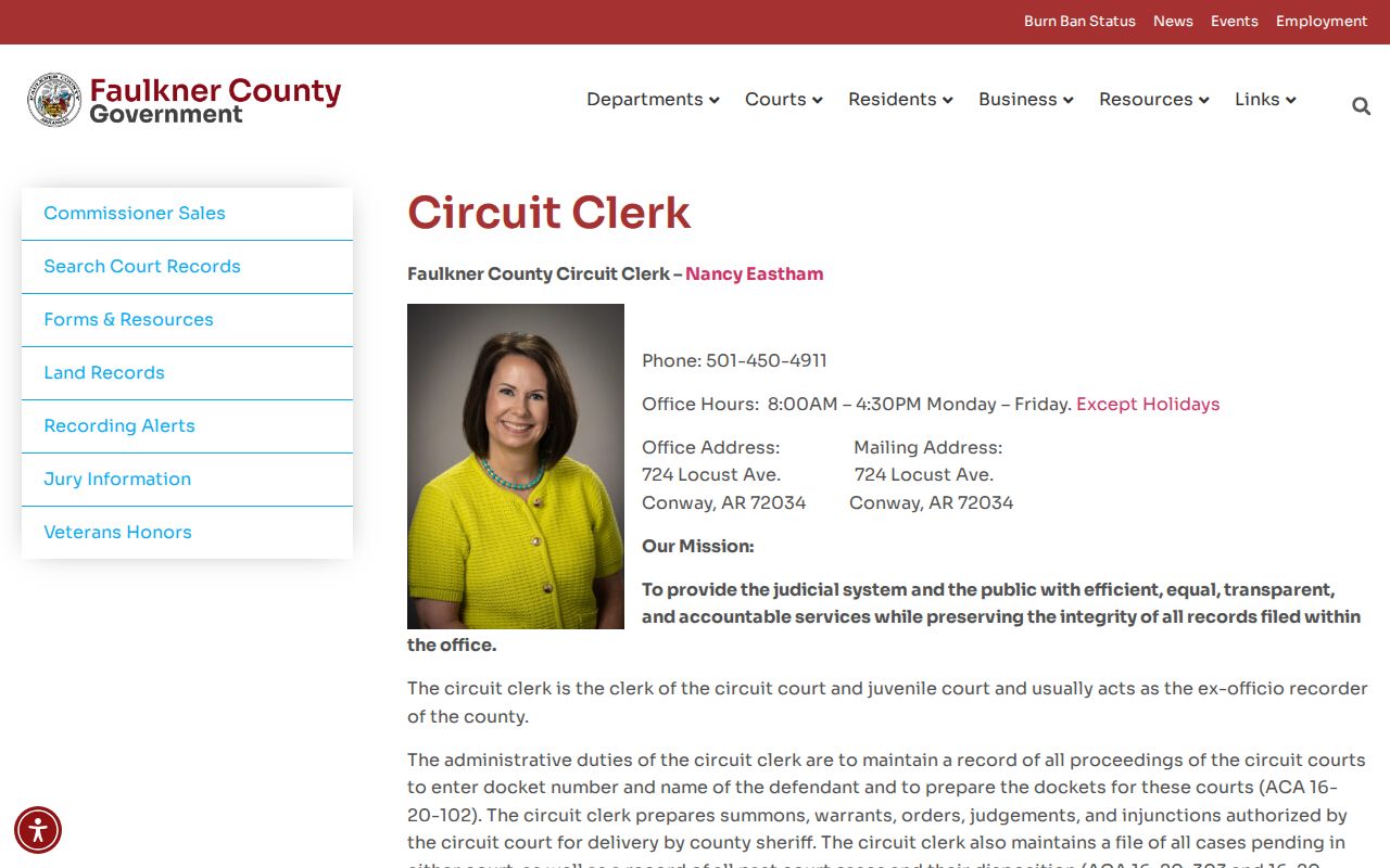 Faulkner County Circuit Clerk department page for court records