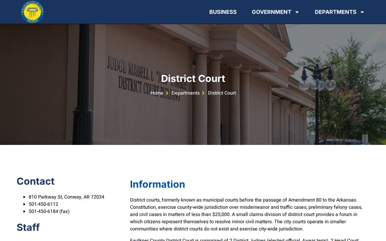 Conway District Court page for Faulkner County misdemeanor and traffic cases