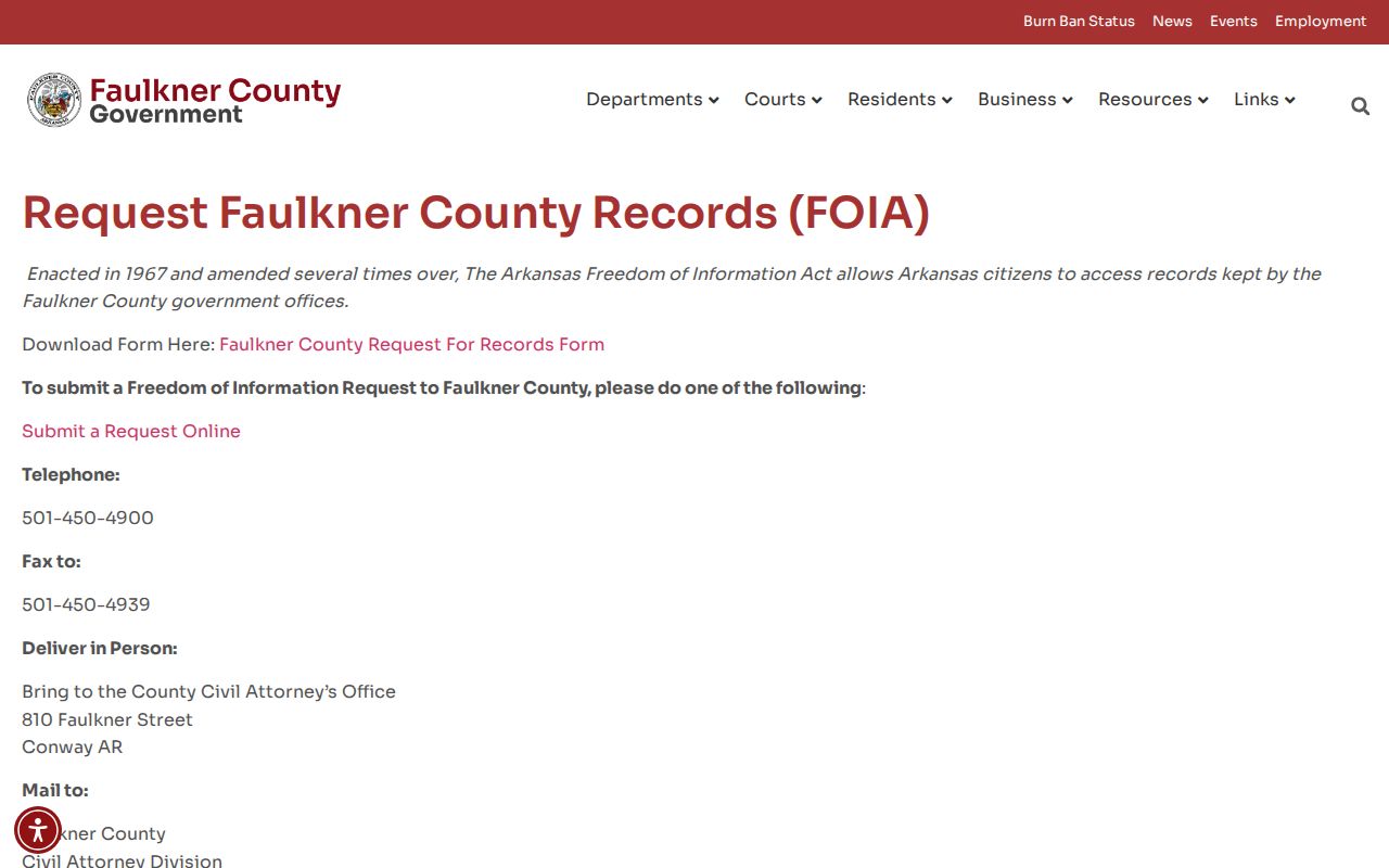 Faulkner County criminal history FOIA records request page
