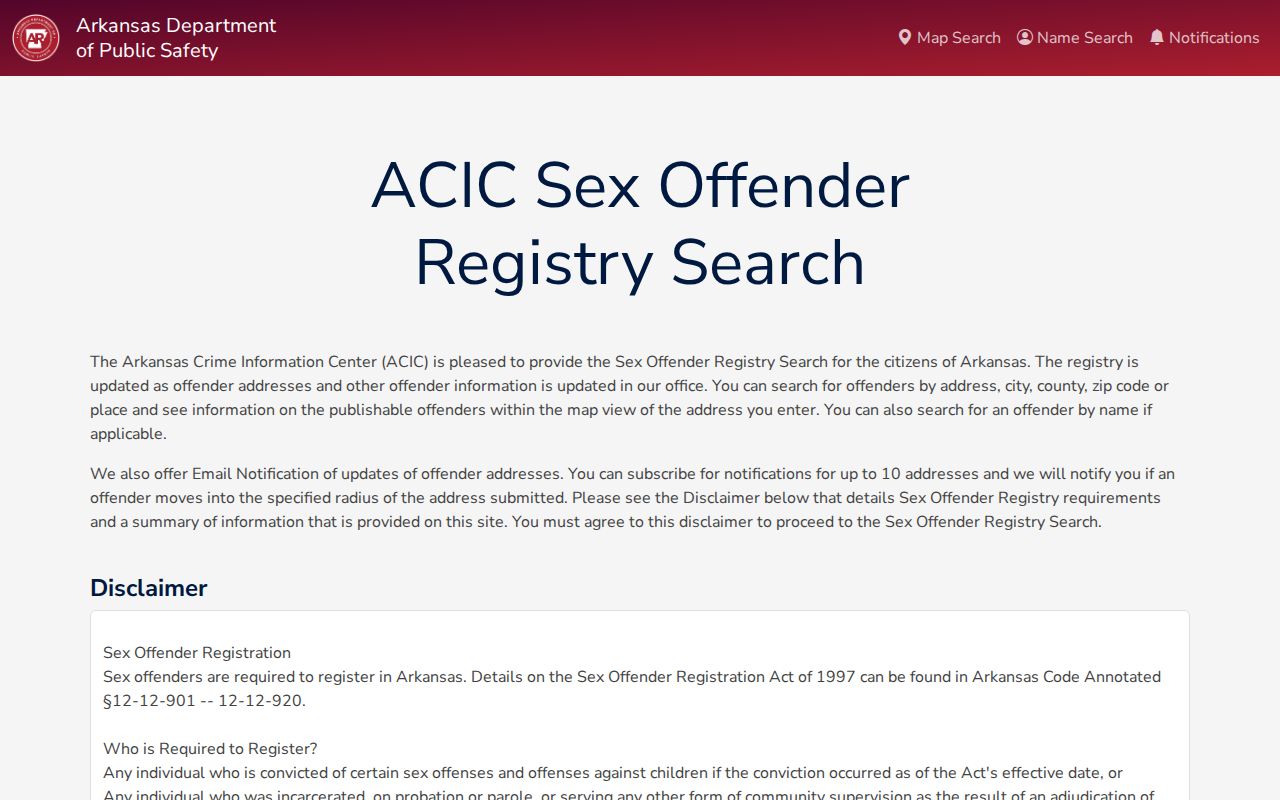 Arkansas Sex Offender Notification System public search portal